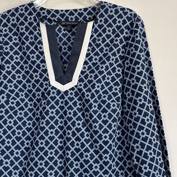 Brooks Brothers Tunic Top S Blue Geometric Tile v Neck Preppy Lightweight Cotton - Picture 3 of 11